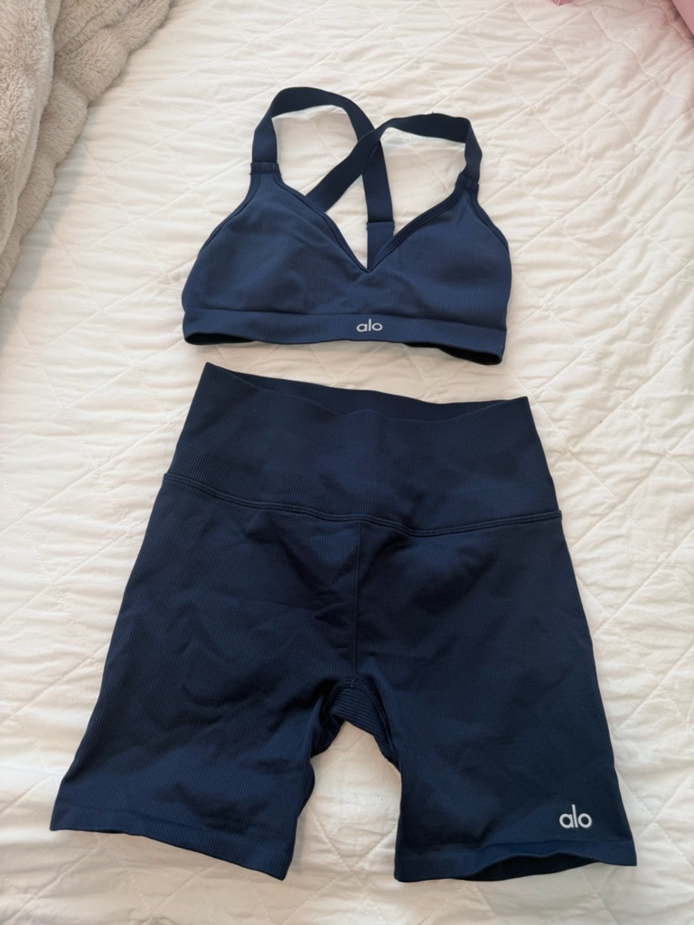 ALO Yoga Navy Ribbed Sports Bra and High-Waist Bike Shorts Set